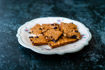 Organic Healthy Raw Oat Cake Slices Square Shaped with Banana and Chocolate Chips