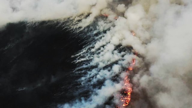 Aerial view of wild fire, burning field. Arson grass in spring, wildfire reason. Deforestation, environmental damage, climate change, global warming. Thick plumes of dark smoke, air pollution, ecology