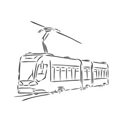 Isolated vector illustration of a tram. Public urban transportation. Hand drawn linear doodle ink sketch. Black silhouette on white background. tram vector sketch illustration - obrazy, fototapety, plakaty