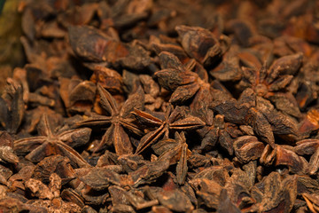 Macro shot of Badyan star anise spice at the market in India