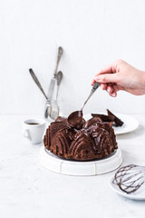 Homemade Chocolate bundt cake with melted chocolate on white background.Close up view, selective focus