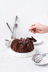 Homemade Chocolate bundt cake with melted chocolate on white background.Close up view, selective focus