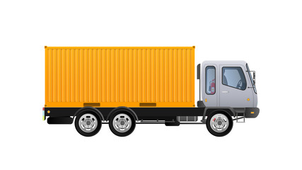 Vector truck side view. Delivery of cargo. Solid and flat color design. Yellow truck for transportation. Separately on a white background.