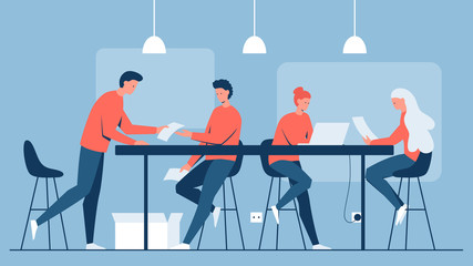Vector concept illustration of a group of people in the office working at the table on a project. It represents a concept of teamwork, design studio and creative cooperation