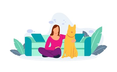 Flat vector illustration of a woman sitting happily in front of a sofa embracing her dog. Activities carried out while quarantine at home.