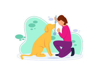 Flat illustration of a little girl playing with her dog. Friendship between a little girl and a dog. Quarantine activities at home.