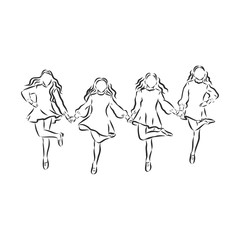 Irish Dance Troupe Jumping Together in Traditional Dresses and Ghillies. Irish dancing vector sketch illustration