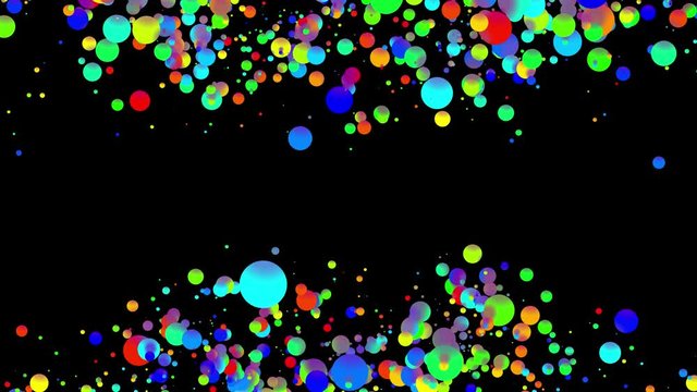4k looped abstract background with beautiful multi-colored balls like paint bubbles or dye droplets in water in flat style. 3d with luma matte as alpha channel. Center is free to insert, copy space 14