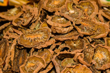 Counter with various dried fruits on the Grand Bazaar in Istanbul, Turkey