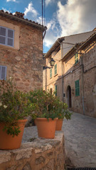 Picturesque townscape of Valldemossa, Majorca (Mallorca), Spain, with potted plants in the foreground.