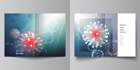 Vector layout of two A4 cover mockups templates for bifold brochure, flyer, magazine, cover design, book design. 3d medical background of corona virus. Covid 19, coronavirus infection. Virus concept.