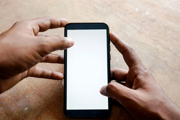 hand holding smart phone with white screen