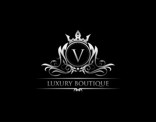 Luxury Royal King V Letter Crest Silver Logo template