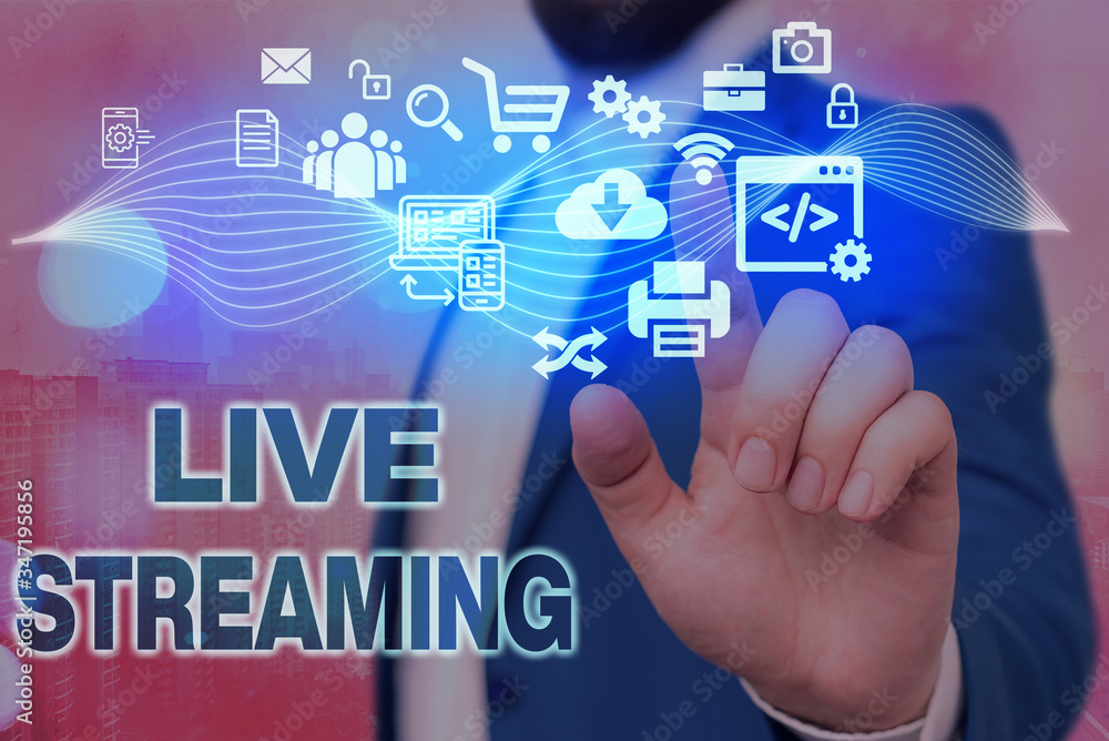 Poster handwriting text live streaming. conceptual photo transmit live video coverage of an event over the 