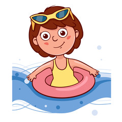  Simple flat illustration a girl swims in a lifebuoy. Doodle sketch baby in a swimsuit 