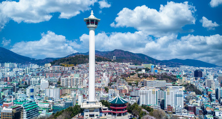 Aerial view busan city skyline and skyscraper with busan tower, Yongdusan Park, Busan, South Korea.