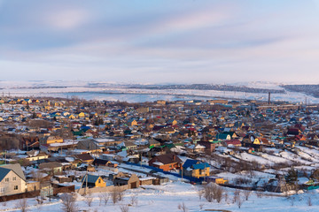 A Village in Magnitogorsk. Ural mountains. Aerial view of the city of winter