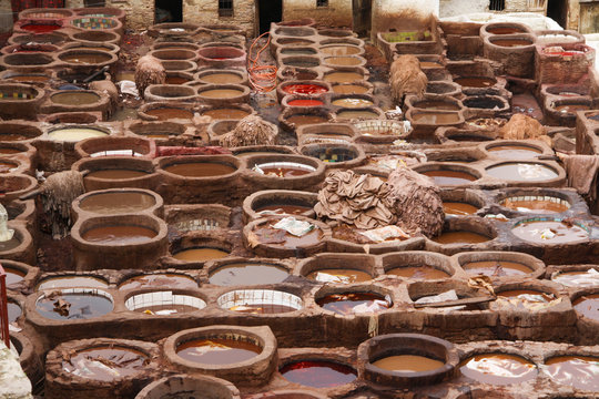Leather dying in a traditional tannery, Fes, Morocco