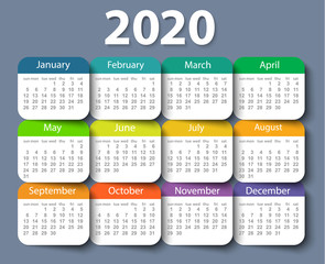 Calendar 2020 year vector design template. Week starting on Sunday