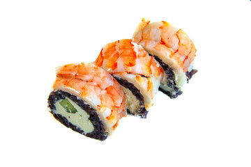 Philadelphia Sushi Roll made of Fresh shrimp, Avocado and Cream Cheese with black rice with cuttlefish ink inside. Isolated on white