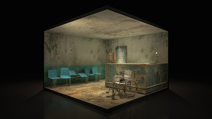 Horror and creepy seat waiting in front of the examination room in the hospital .3d illustration.