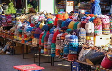 Woolen hats on a local market in Marrakech, Morocco