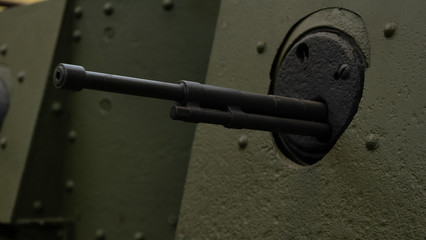 ?rmor and mashine gun of an old tank of the second world war. Close Up.