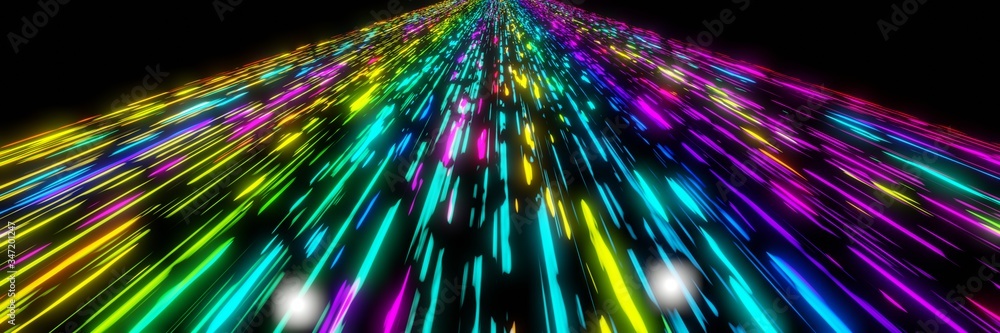 Poster colorful neon light futuristic stream data communication flying into digital technologic animation p