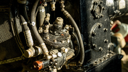 Old Soviet aircraft engine. Gears and carburetor