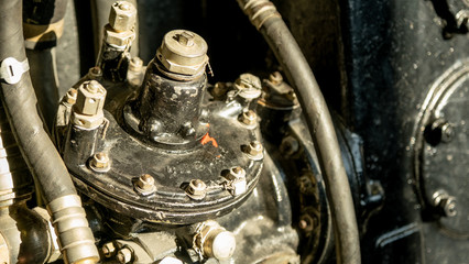 Old Soviet aircraft engine. Gears and carburetor
