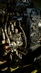 Old Soviet aircraft engine. Gears and carburetor