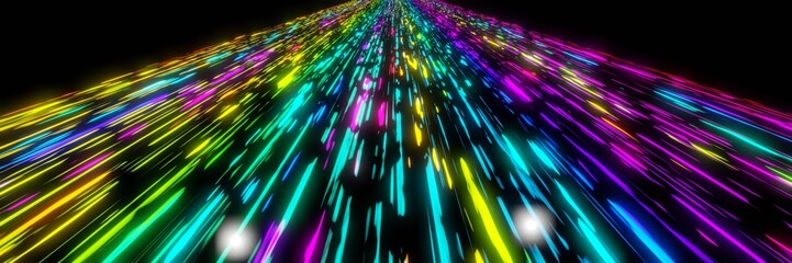 Colorful Neon light futuristic stream Data Communication flying into digital technologic animation panorama 3D rendering