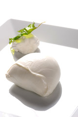 typical Italian dish from the Campania area buffalo mozzarella and fried basil made by a chef with a very elegant design