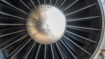 Jet engine of an airplane. Turbine blades.