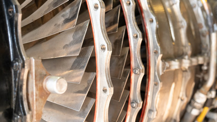 Jet engine of an airplane. Turbine blades.