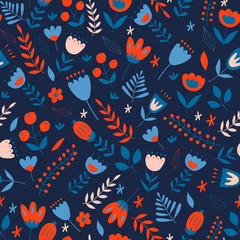 Floral seamless pattern. Scandinavian style.Doodle illustrations with stylized decorative floral elements.Cute hand drawn flat plants background.Fabric design with flat colors, for wrapping paper.