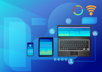 illustration top view of laptops, smartphones and tablets with trading statistics screen