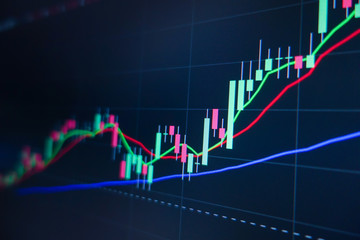 Stock market trading graph and candlestick chart on screen monitor background. Financial investment and economic concept.