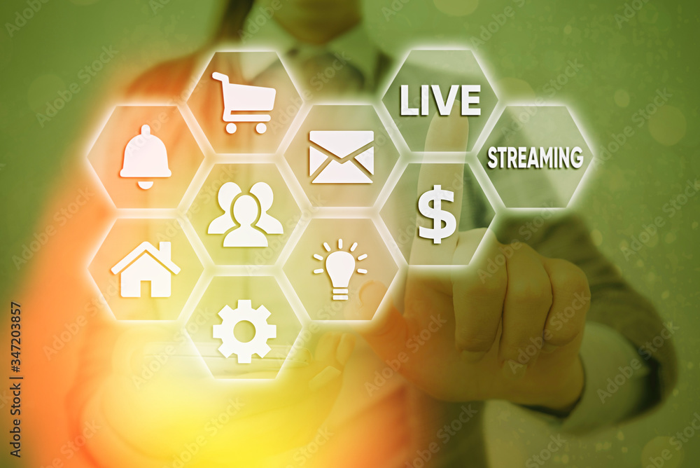 Poster word writing text live streaming. business photo showcasing transmit live video coverage of an event