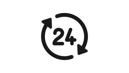 24/7 Service open 24h hours a day and 7 days a week. Flat video in black on a white background.
