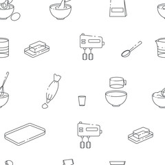 Cartoon seamless with  outline objects for cooking. Kitchen tools vector pattern. Background with  icons for baking.