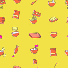 Cartoon seamless with  objects for cooking. Kitchen tools vector pattern. Background with  icons for baking.