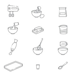 Outline objects for cooking. Kitchen tools. Vector icons for baking.