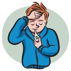 A feverish man uses a digital thermometer to check his temperature