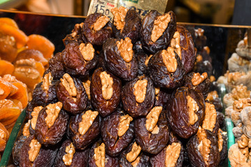Counter with various dried fruits on the Grand Bazaar in Istanbul, Turkey