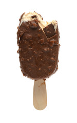 chocolate and coffee flavor popsicle with couple of bites on white background
