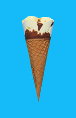 side view fresh pineapple ice cream cone on blue background