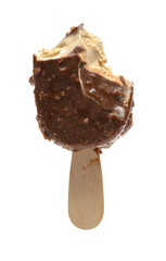 half eaten chocolate and coffee flavor popsicle on white background
