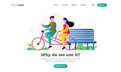 Young Loving Couple Riding Bicycle Together - Landing Page. 