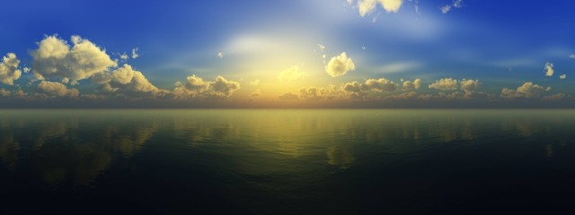 Naklejka na ściany i meble Beautiful sea sunset, the sun above the water among the clouds, the light in the ocean, 3D rendering